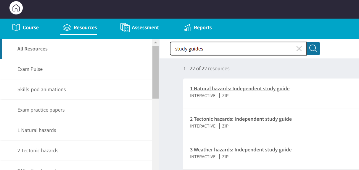 Screenshot of search bar being used to find study guides on Kerboodle